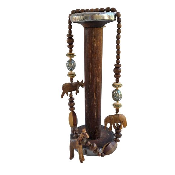 Vintage Safari Animal Charm Necklace Carved Wood Beads & Shell Inlay - Picture 8 of 9